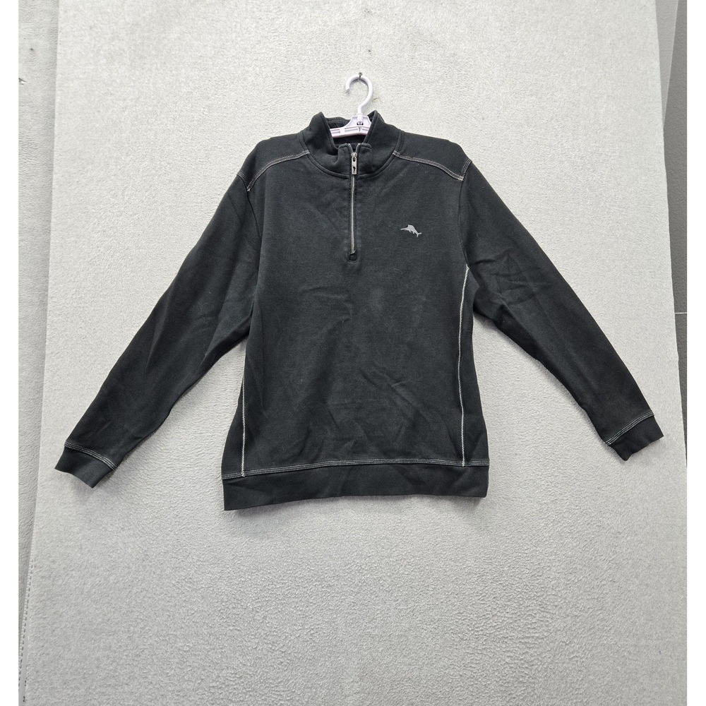 Tommy Bahama Men Sweatshirt L Black Floral Logo Embroidered 1/4 Zip Pullover